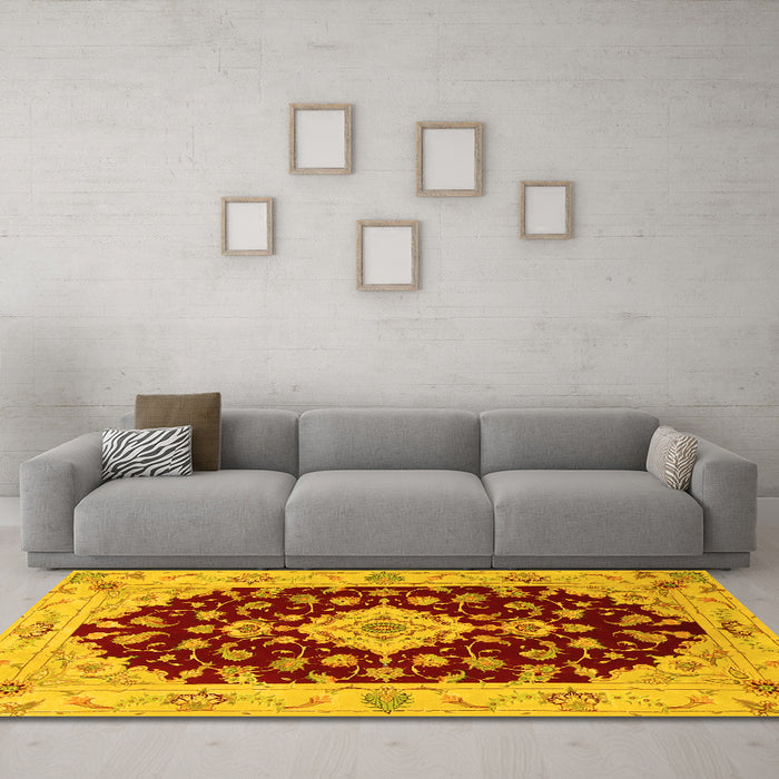 Machine Washable Medallion Yellow Traditional Rug in a Living Room, wshtr1432yw