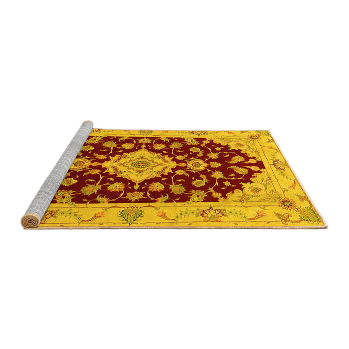 Sideview of Machine Washable Medallion Yellow Traditional Rug, wshtr1432yw