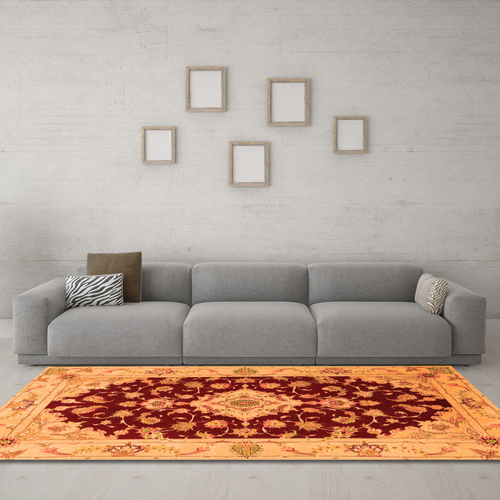 Machine Washable Medallion Orange Traditional Area Rugs in a Living Room, wshtr1432org