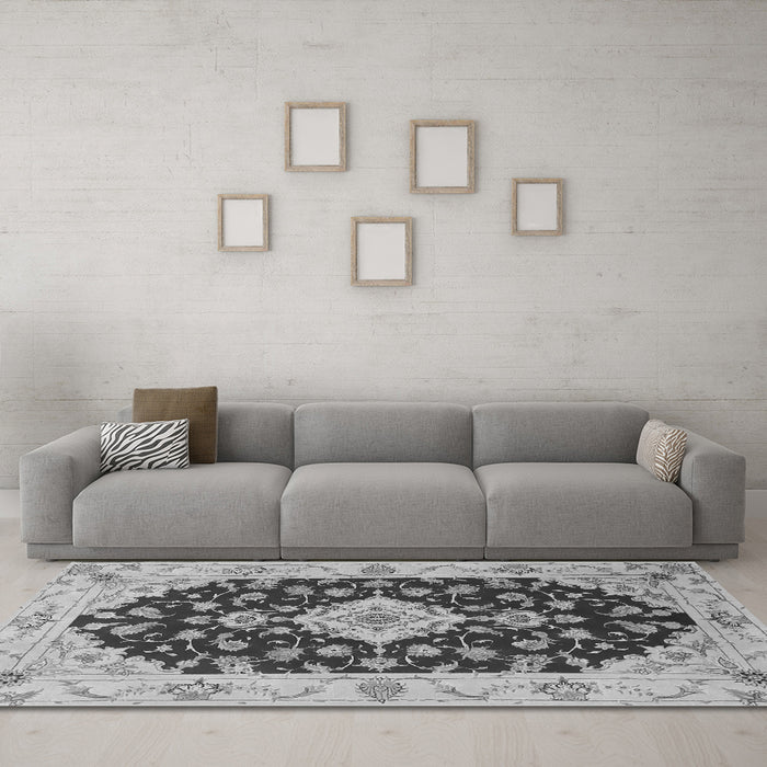 Machine Washable Medallion Gray Traditional Rug in a Living Room,, wshtr1432gry