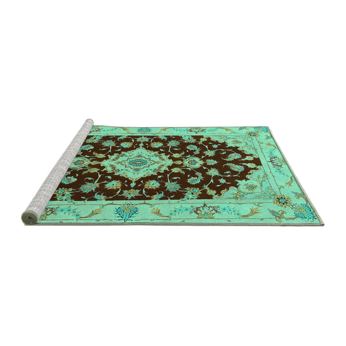 Sideview of Machine Washable Medallion Turquoise Traditional Area Rugs, wshtr1432turq