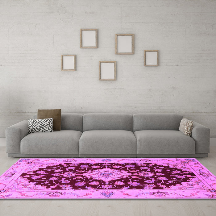 Machine Washable Medallion Purple Traditional Area Rugs in a Living Room, wshtr1432pur