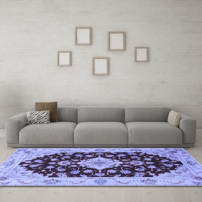Machine Washable Medallion Blue Traditional Rug in a Living Room, wshtr1432blu