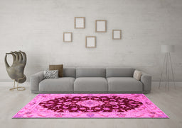 Machine Washable Medallion Pink Traditional Rug in a Living Room, wshtr1432pnk