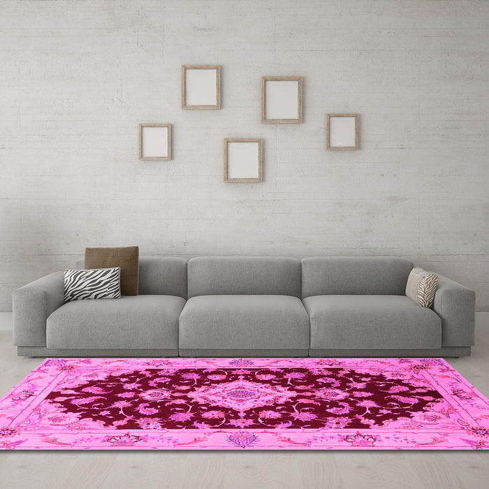 Machine Washable Medallion Pink Traditional Rug in a Living Room, wshtr1432pnk