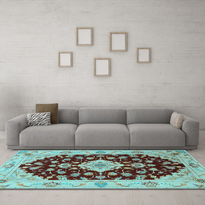 Machine Washable Medallion Light Blue Traditional Rug in a Living Room, wshtr1432lblu