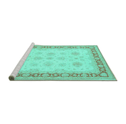 Sideview of Machine Washable Persian Turquoise Traditional Area Rugs, wshtr1433turq