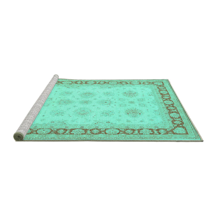 Sideview of Machine Washable Persian Turquoise Traditional Area Rugs, wshtr1433turq