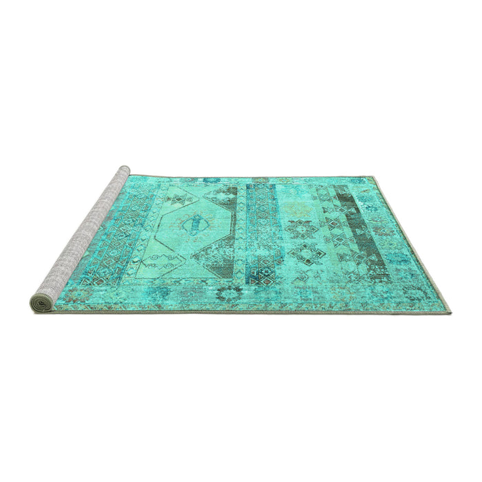 Sideview of Machine Washable Persian Turquoise Traditional Area Rugs, wshtr1434turq