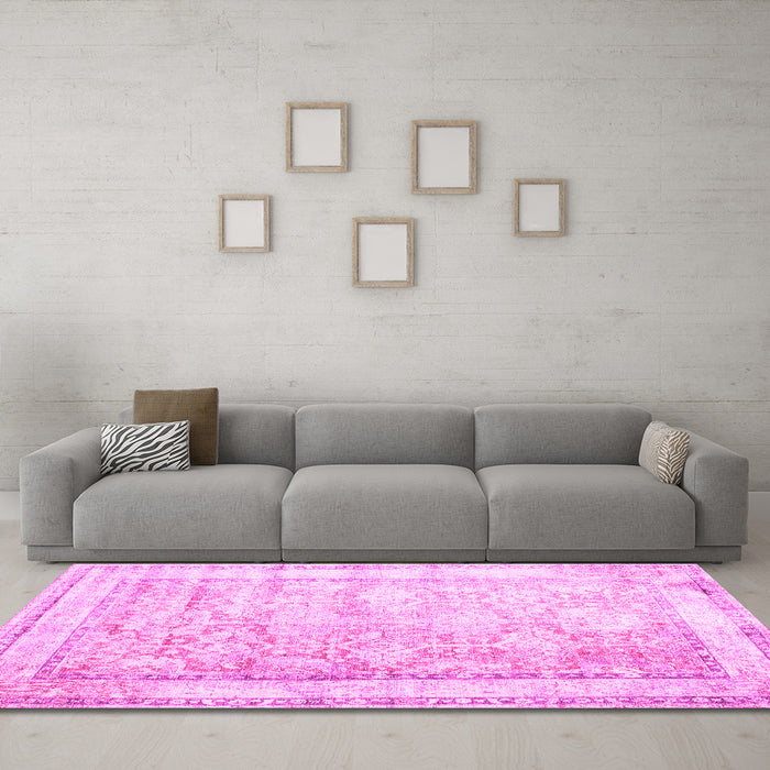 Machine Washable Oriental Pink Traditional Rug in a Living Room, wshtr1439pnk