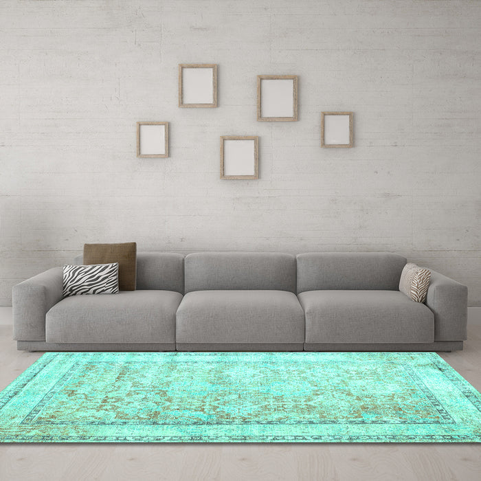 Machine Washable Oriental Turquoise Traditional Area Rugs in a Living Room,, wshtr1439turq