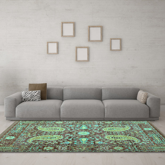 Machine Washable Persian Turquoise Traditional Area Rugs in a Living Room,, wshtr143turq
