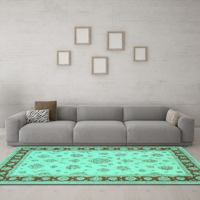 Machine Washable Oriental Turquoise Traditional Area Rugs in a Living Room,, wshtr1442turq