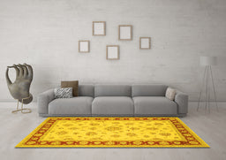 Machine Washable Oriental Yellow Traditional Rug in a Living Room, wshtr1442yw