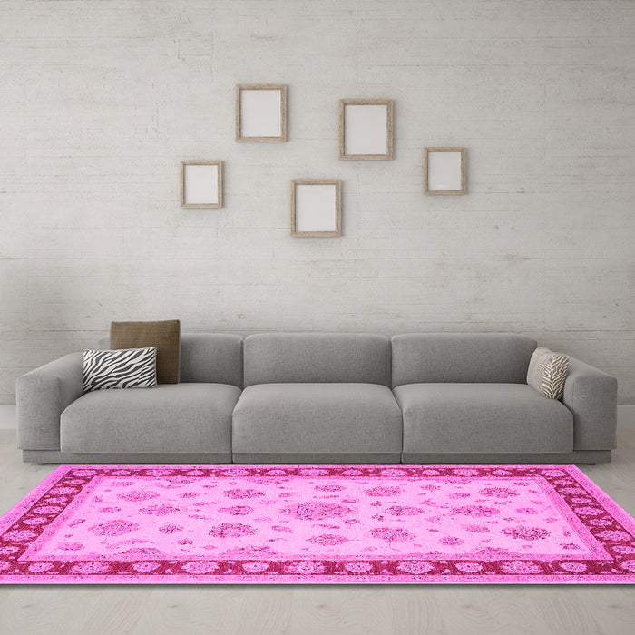 Machine Washable Oriental Pink Traditional Rug in a Living Room, wshtr1442pnk