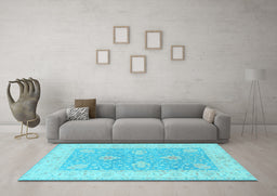 Machine Washable Oriental Light Blue Traditional Rug in a Living Room, wshtr1444lblu