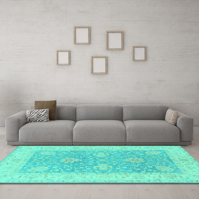 Machine Washable Oriental Turquoise Traditional Area Rugs in a Living Room,, wshtr1444turq