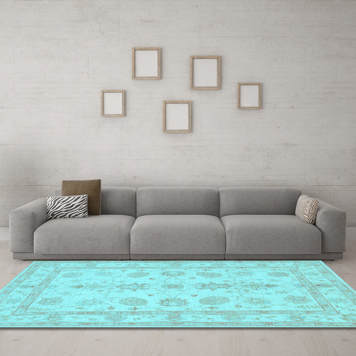 Machine Washable Oriental Light Blue Traditional Rug in a Living Room, wshtr1445lblu