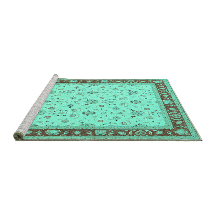 Sideview of Machine Washable Persian Turquoise Traditional Area Rugs, wshtr1446turq