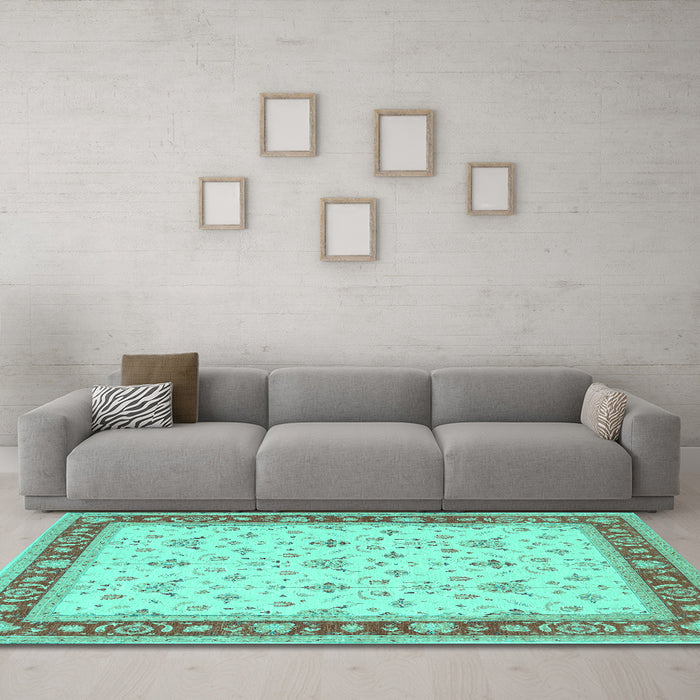 Machine Washable Persian Turquoise Traditional Area Rugs in a Living Room,, wshtr1446turq