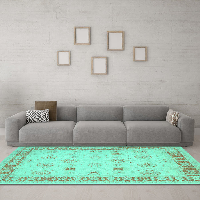 Machine Washable Oriental Turquoise Traditional Area Rugs in a Living Room,, wshtr1449turq