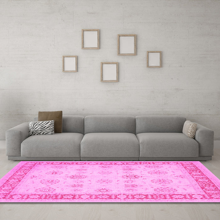 Machine Washable Oriental Pink Traditional Rug in a Living Room, wshtr1449pnk