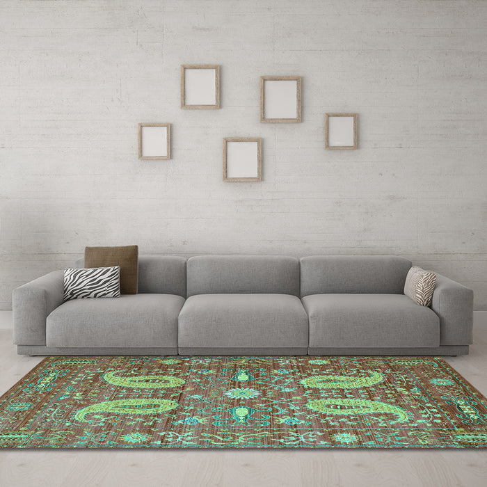 Machine Washable Persian Turquoise Traditional Area Rugs in a Living Room,, wshtr144turq