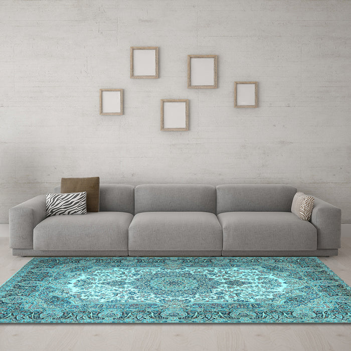 Machine Washable Medallion Light Blue Traditional Rug in a Living Room, wshtr1450lblu