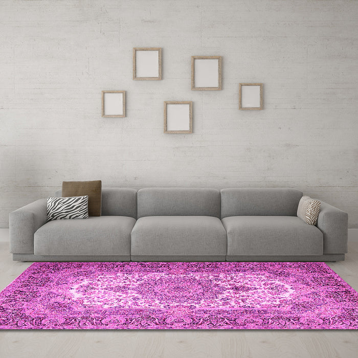 Machine Washable Medallion Pink Traditional Rug in a Living Room, wshtr1450pnk
