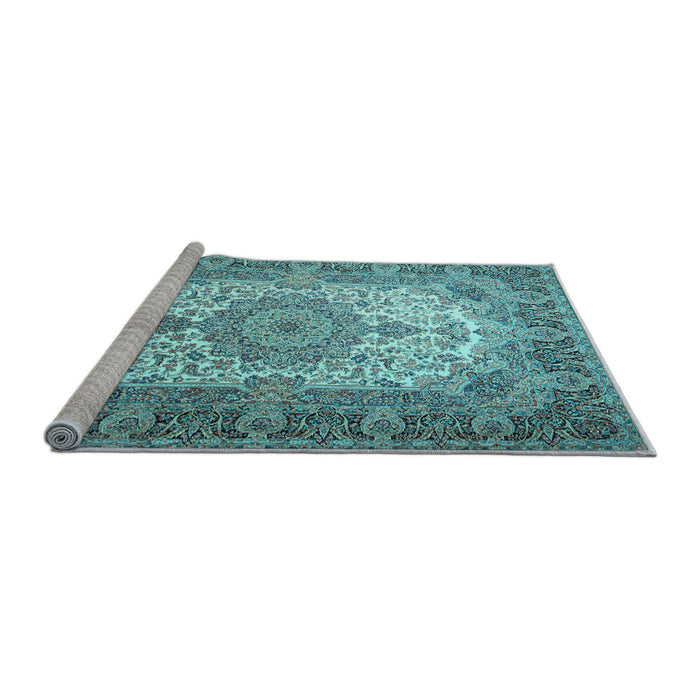 Sideview of Machine Washable Medallion Light Blue Traditional Rug, wshtr1450lblu