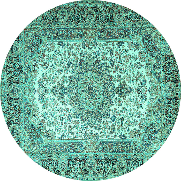 Round Machine Washable Medallion Turquoise Traditional Area Rugs, wshtr1450turq