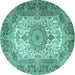 Round Machine Washable Medallion Turquoise Traditional Area Rugs, wshtr1450turq