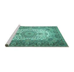 Sideview of Machine Washable Medallion Turquoise Traditional Area Rugs, wshtr1450turq