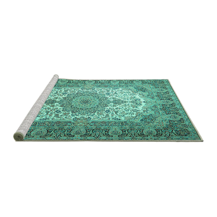 Sideview of Machine Washable Medallion Turquoise Traditional Area Rugs, wshtr1450turq