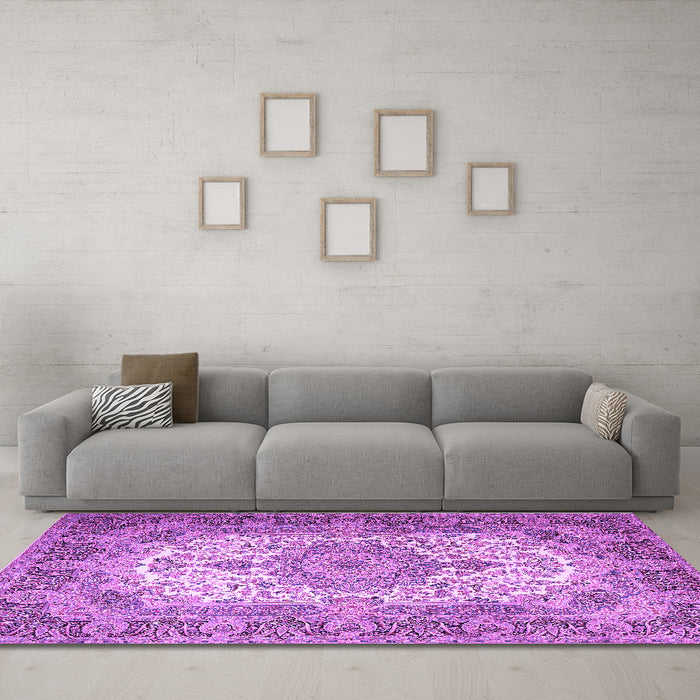 Machine Washable Medallion Purple Traditional Area Rugs in a Living Room, wshtr1450pur