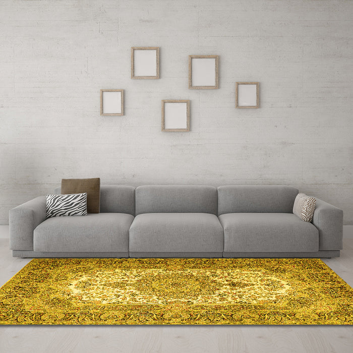 Machine Washable Medallion Yellow Traditional Rug in a Living Room, wshtr1450yw