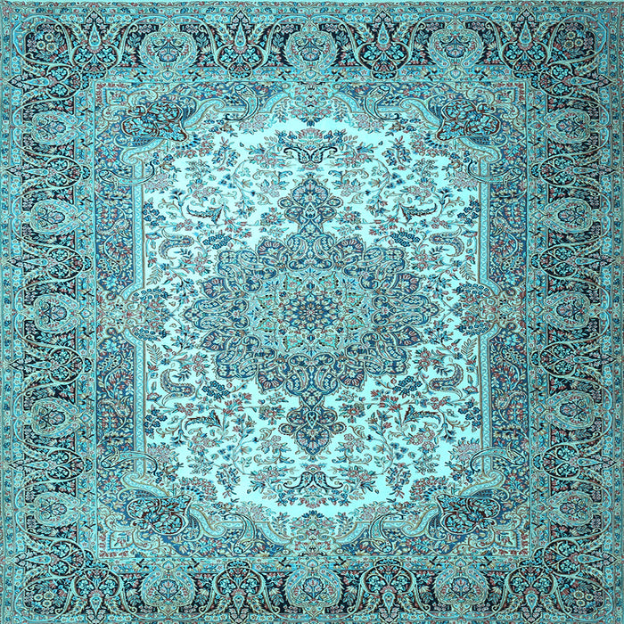 Square Machine Washable Medallion Light Blue Traditional Rug, wshtr1450lblu