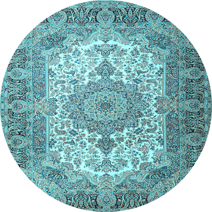 Round Machine Washable Medallion Light Blue Traditional Rug, wshtr1450lblu