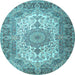 Round Machine Washable Medallion Light Blue Traditional Rug, wshtr1450lblu