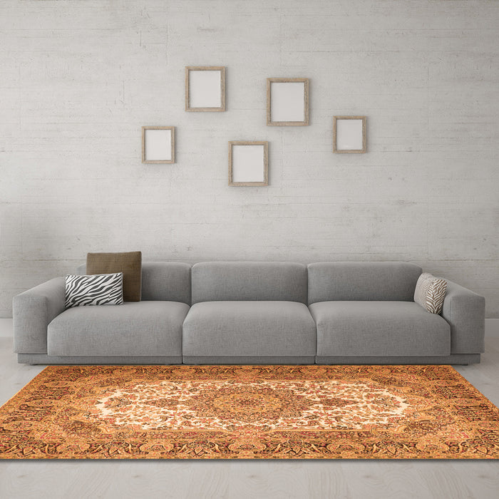 Machine Washable Medallion Orange Traditional Area Rugs in a Living Room, wshtr1450org