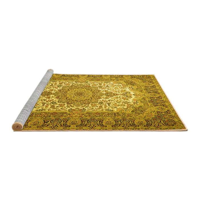 Sideview of Machine Washable Medallion Yellow Traditional Rug, wshtr1450yw
