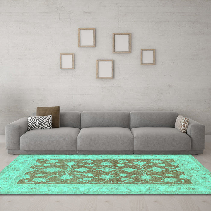 Machine Washable Oriental Turquoise Traditional Area Rugs in a Living Room,, wshtr1452turq