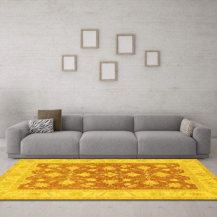 Machine Washable Oriental Yellow Traditional Rug in a Living Room, wshtr1452yw