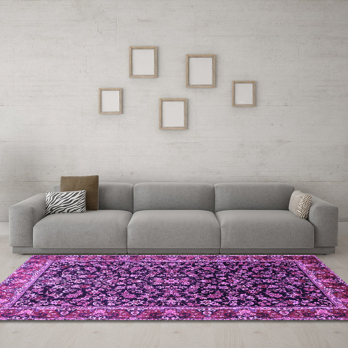 Machine Washable Persian Purple Traditional Area Rugs in a Living Room, wshtr1454pur