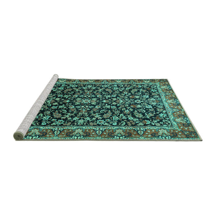 Sideview of Machine Washable Persian Turquoise Traditional Area Rugs, wshtr1454turq