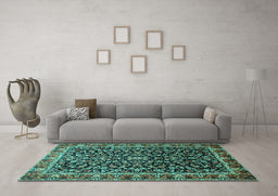 Machine Washable Persian Turquoise Traditional Area Rugs in a Living Room,, wshtr1454turq