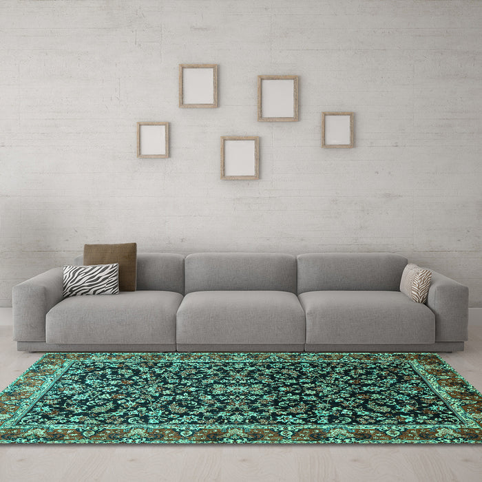 Machine Washable Persian Turquoise Traditional Area Rugs in a Living Room,, wshtr1454turq