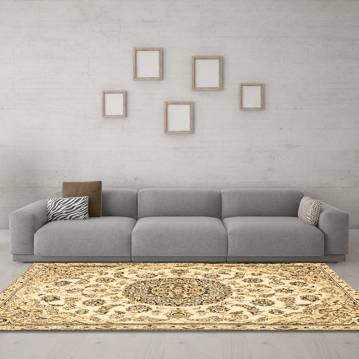 Machine Washable Medallion Brown Traditional Rug in a Living Room,, wshtr1455brn