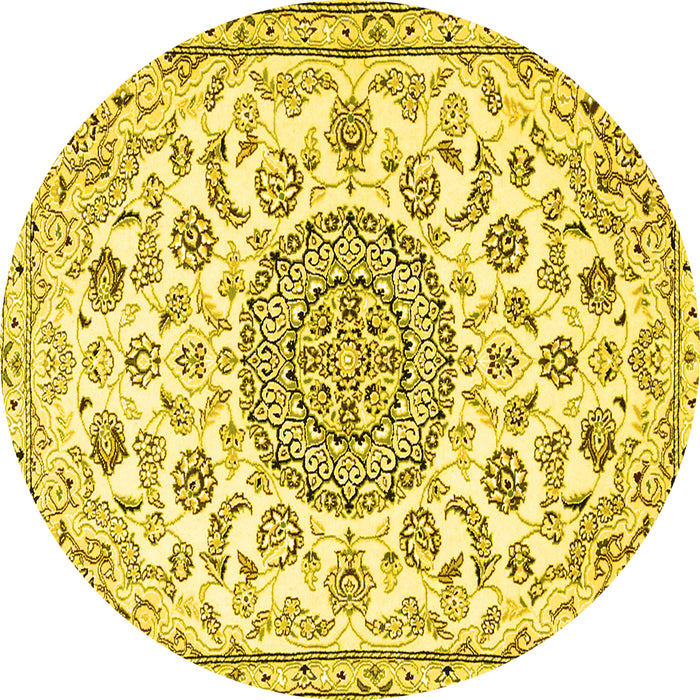 Round Machine Washable Medallion Yellow Traditional Rug, wshtr1455yw