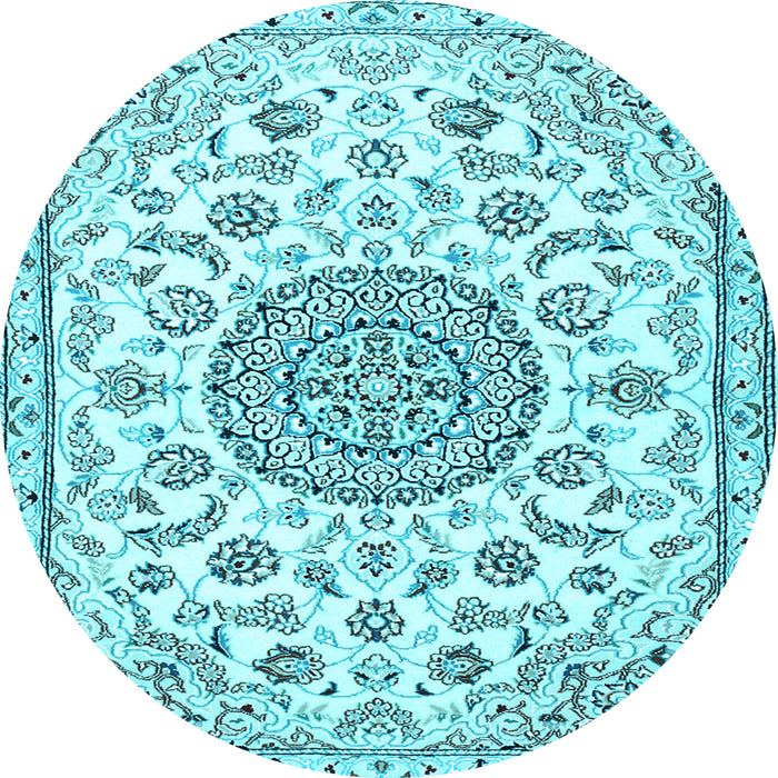 Round Machine Washable Medallion Light Blue Traditional Rug, wshtr1455lblu